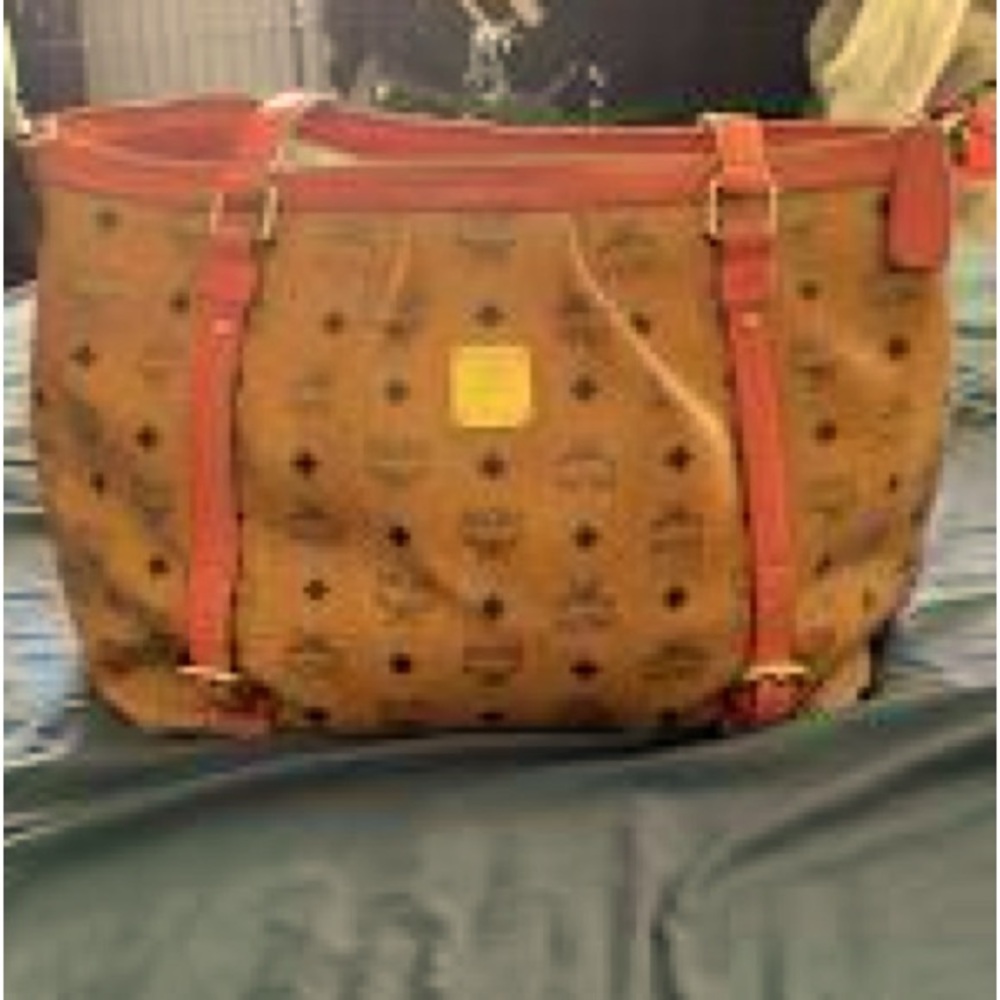 MCM Tan and black diamond  Monogram with coral Shoulder Bag